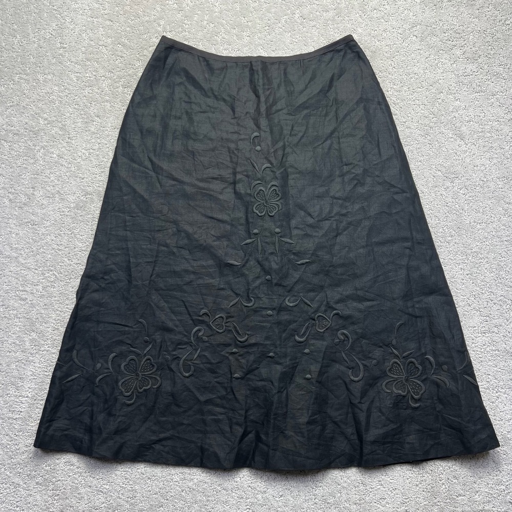 Evan-Picone Midi Skirt Women Size 10 Black 100% Linen A-Line Embroidered Flowers